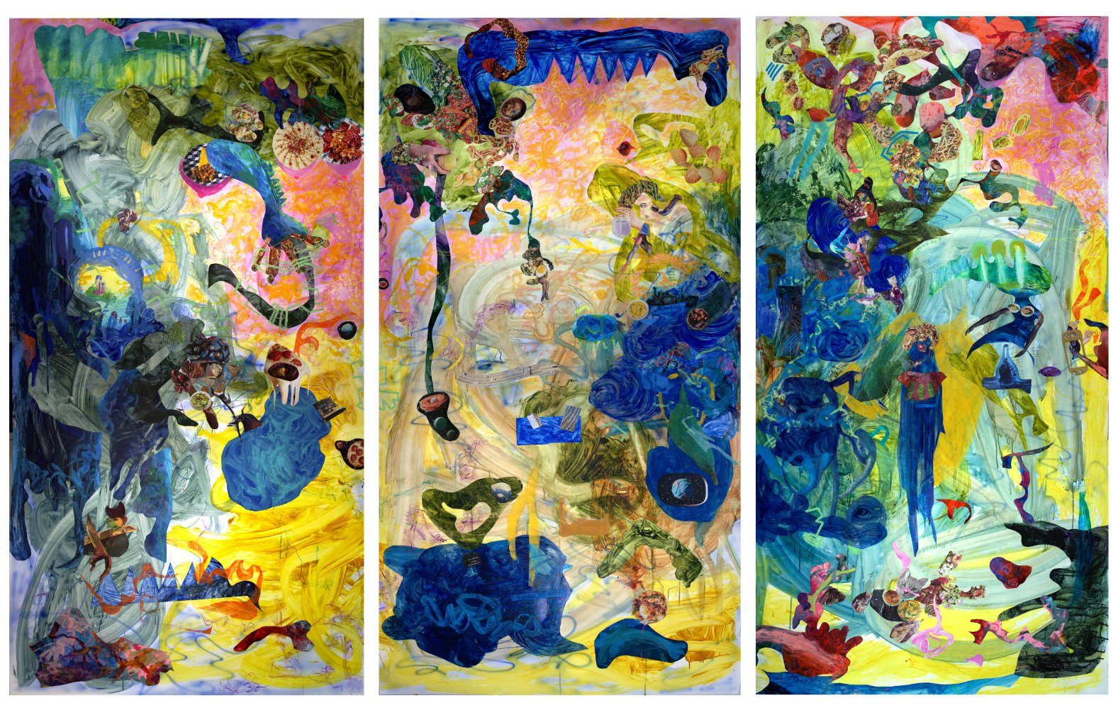 I know how to cure the nostalgia with a bite of soil from the lover’s land Acrylic, spray paint, air brush, marker, Japanese Gampi, Chinese Xuan paper, Dura-lar, Glassine, fake banknotes, comic books and photo collage on Yupo. &nbsp;2021 80”x150”