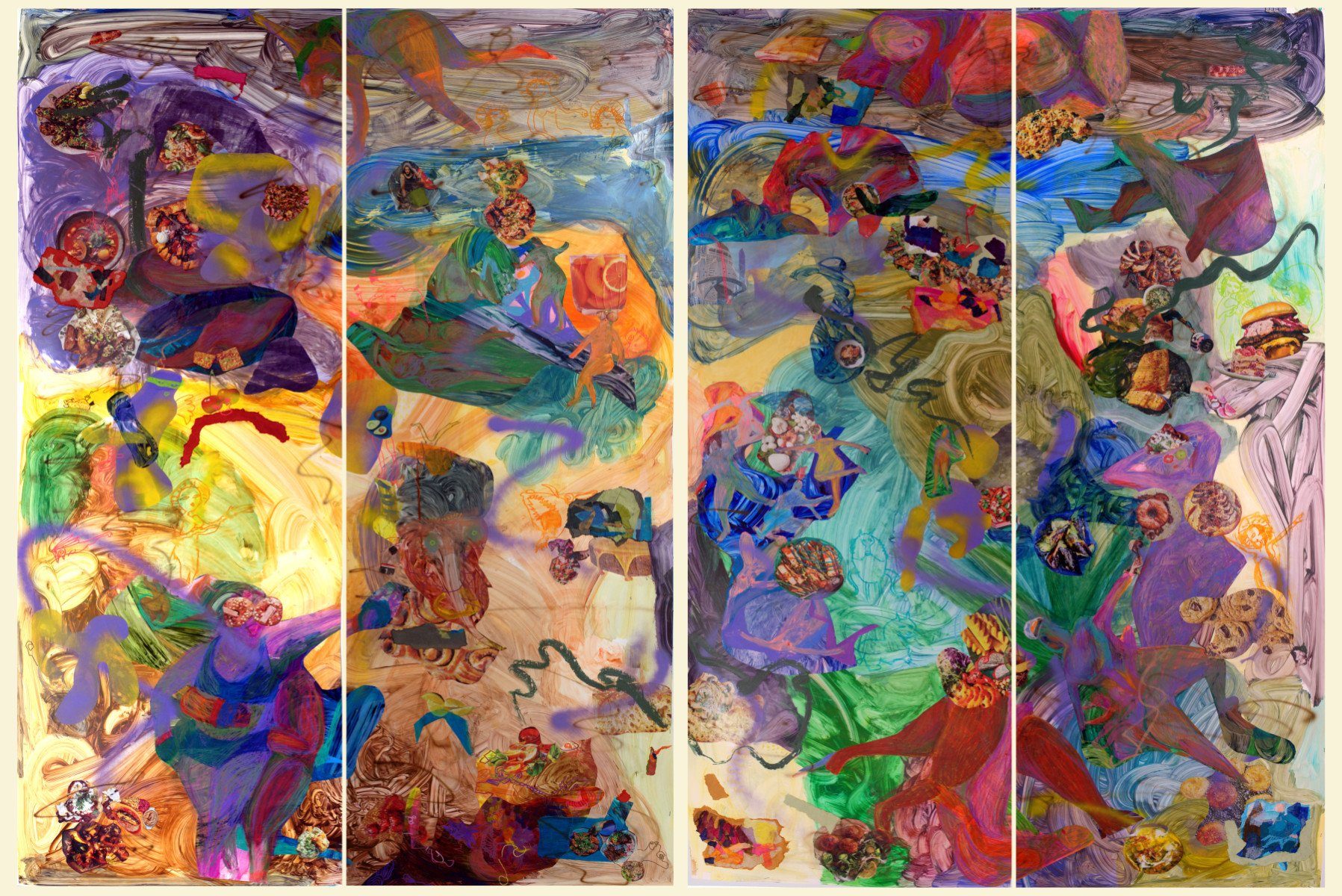 I don’t know how to cry but I know how to forge how to wrestle Acrylic, spray paint, air brush, marker, Japanese Gampi, Chinese Xuan paper, Dura-lar, Glassine, fake banknotes, comic books and photo collage on Yupo. &nbsp;2021 80”x124”