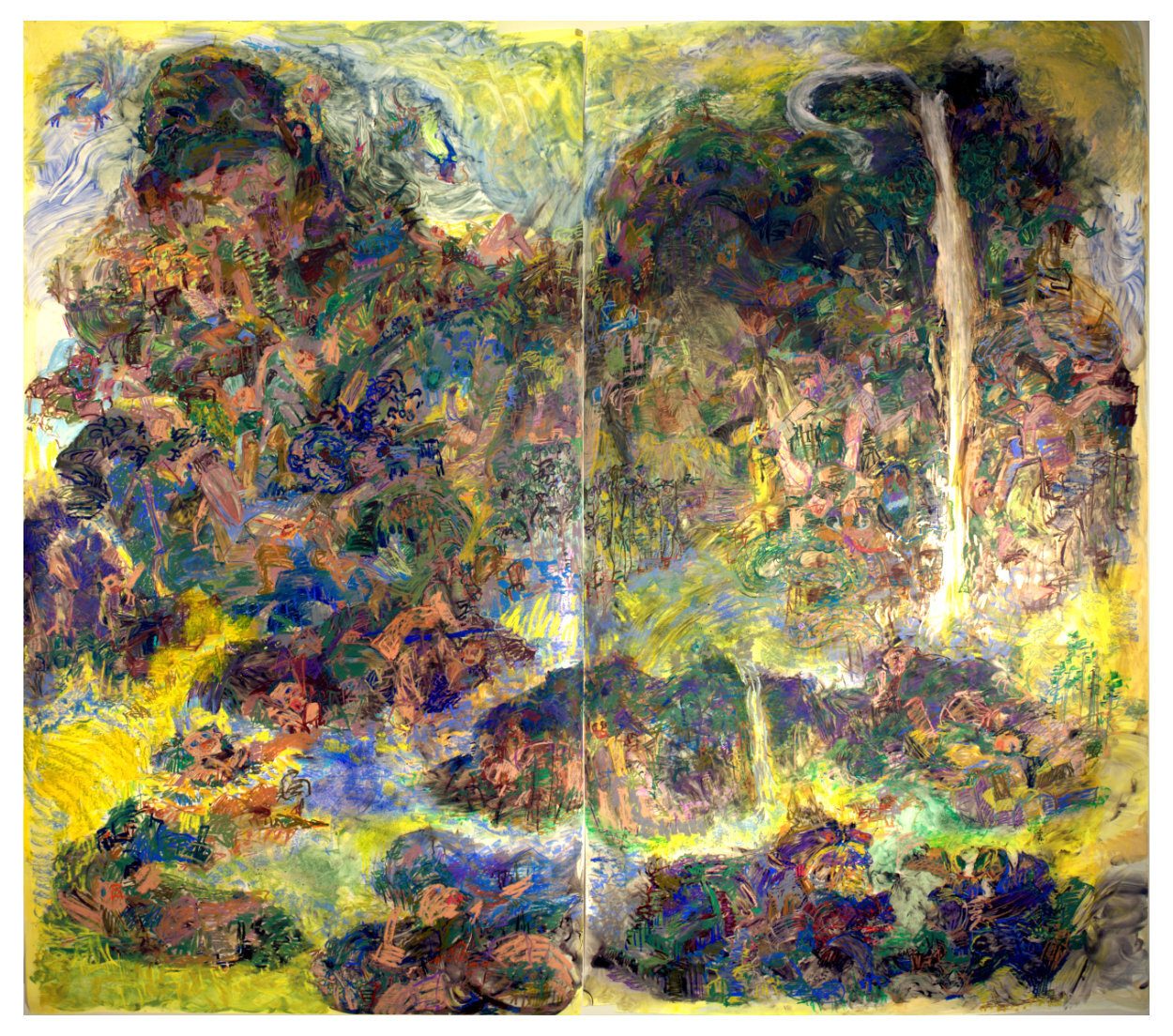 Riverrun Oil pastel, Chinese Ink, watercolor and Acrylic on Yupo; Diptych 108”x120”; 2018-2019 The left panel is based on the structure of Guo Xi's painting (Chinese landscape painter 1020-1090); the right panel is based on Fan Kuan's painting (