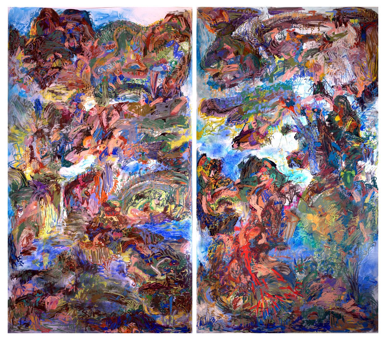 “Silent, upon a peak in Darien” Oil pastel, Chinese Ink, watercolor and Acrylic on Yupo; Diptych 108”x120”; 2019 The left panel was based on Chinese Yuan Dynasty painting by Wang Meng "Ge Zhichuan Moving his Dwelling" and the right panel is base