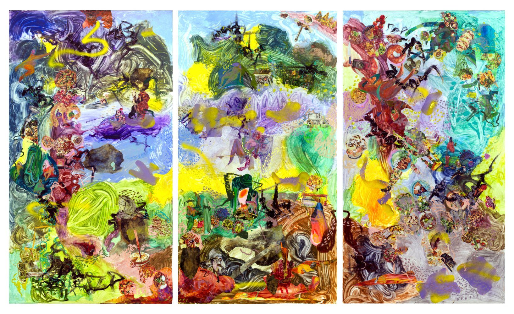 I inherited many muscles and stories from my grandmother and mother Acrylic, spray paint, air brush, marker, Japanese Gampi, Chinese Xuan paper, Dura-lar, Glassine, fake banknotes, comic books and photo collage on Yupo. &nbsp;2021 80”x150”