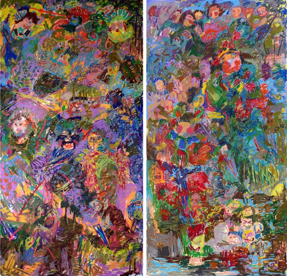 When the words grew into tooth Oil Pastel, Acrylic on Evolon, 80”x80” (Diptych); 2020; $10,000(unframed)